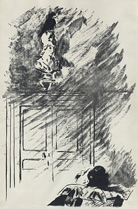 Illustration by Édouard Manet for a French translation by Stéphane Mallarmé of Edgar Allan Poe's "The Raven". Part 3 of 4 full page plates (two smaller illustrations at beginning and end omitted).