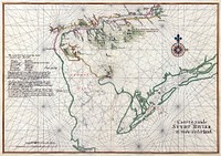 Nautical chart of Zwaanendael ("Swanendael") and Godyn's Bay in New Netherland. Zwaanendael was a patroonship founded by Samuel Godyn, a director of the Dutch West India Company, in 1629. Godyn made his land claim to the West India Company under jurisdiction of the Charter of Freedoms and Exemptions. After a short time, the initial 32 inhabitants were murdered by local Indians and Godyn sold his land back to the West India Company. The West India Company kept the names of the local area, including Godyn's Bay, which eventually became Delaware Bay. Ink and watercolor with pictorial relief.The text in Dutch at left side of the map reads:De natien aende Zuydt Rivier syn Groote Sironese Aende HoerenkilSewapois Remkokes Kleyne Siconese Minquaen toegenaemt Machaorikyns. Naraticonck Atsayonck Mantaes Rechaweygh Armewamix Matikongh Momakavaongk Sankikans.Dese booven geschreeven natien hebben altesaemen vrintschap onder malcander, ende syn meest eenerlay volc ende van Een Spraeck, uytghe sondert de Machaoretijns die so genoemt syn van weegen haar Spraeck die Minquaens is en wil so veel geseyt syn als by ons ouduytsche ofte waellinHet leeven van deese luyden is volcoomelyck vry. Hear waer segers ofte duyvelpreekers en hebben niet oover haer te seggen haer sakimaen hebben niet te gebieden ende hebben geen autoriteyt om iemant te straffen aen den hals.De huwelycken en hebben geen clem, meest heeft elck een vrouw., de ooverste meer. Ende licht verlaetten sy haer wyven, die dan vande een tot de ander voor hoer loopen, ordinary verstooten sy de vrouwen als sy bevrucht syn en kinderen gehaelt heeft, ende hier door blyft het lande soober van volckTranslated: The nations at the South Rver are Great Sironese at the Hoerenkil Sewapois Remkokes Small Sironese Minquaen also named Machaorikyns. Naraticonck Atsayonck Mantaes Rechaweygh Armewamix Matikongh Momakavaongk Sankikans.These above described nations have friendships with each other. And are mostly one people with one language, with the exception of the Machaoretijns that are named like this because of their language that is Minquaens and is as much similar as with us old Dutch or Wallonian. The life of these people is totally free. Their soothsayers or devil preachers have nothing to say over them, their shamans can’t order them and have no authority to give someone a death penalty.The marriages are not fixed, most have one wife, the chief more than one. And they leave their women easily, and these will go from one to another like a whore, usually women are disowned after having a child and as a result the population remains low.