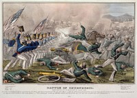 "Battle of Churubusco--Fought near the city of Mexico 20th of August 1847 / J. Cameron." Hand tinted lithograph