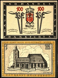 100 Pfennig (= 1 Mark) Notgeld banknote of the Town of Frankfurt (Oder) (1921), RV: Marienkirche (view South), size: 59 mm x 89 mm.