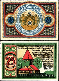 25 Pfennig Notgeld banknote of Osnabrück, "Pernickelturm" (1921), size: 50 mm x 75 mm.