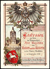 Menu card (front page) for the banquet in honour of the presence of German Emperor Wilhelm II and Empress Auguste Viktoria on Sept. 7, 1898 in Hotel Kaiserhof, Porta Westfalica. Size: 26 cm x 19 cm.