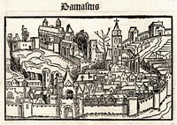 View of Damascus in Schedel's World History, woodcut by Michael Wolgemut, printed in the very rare pirated edition of 1497 by Johann Schönsperger in Augsburg. Size: 142 mm x 88 mm.