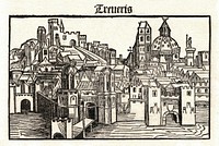 View of Trier in Schedel's World History, woodcut by Michael Wolgemut, printed in the very rare pirated edition of 1497 by Johann Schönsperger in Augsburg.The Other Nuremberg Chronicle