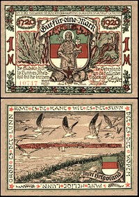 1 Mark Notgeld banknote of Heligoland, commemorating the New Year's Flood of Dec. 31, 1720 - Jan. 1. 1721, issued 200 years later in Dec. 1920. Obverse: Saint Nicholas “Sönner Klas”, patron of fishermen, depicted with three herrings on his chest. Designed by Heinz Schiestl. Size: 85 mm x 120 mm.