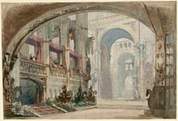 Set design for Gioachino Rossini's Robert Bruce, Act III, Scene 3 (La draperie s'ouvre découvrant le rempart de la forteresse "The curtain opens on the ramparts of the fortress [Sterling Castle]")Pencil, pen, watercolor highlights, gouache, wash and ink; 390 x 578 mm