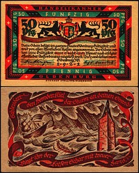 50 Pfennig "Notgeld" banknote of Oldenburg (city) (1921), RV: stormy seascape, size: 72 mm x 115 mm.