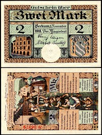 2 Mark "Notgeld" banknote of Beckum, size: 93 mm x 140 mm.
