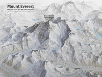 Mount Everest 3D Map by Tom Patterson, with English annotation, based on data from the US National Snow and Ice Data Center and Landsat 8.