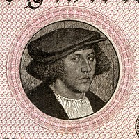 Portrait of the merchant Georg Giese (also: Gisze) on a 100,000 Mark Reichsbank banknote of 1923, depicted: the portrait of Giese in a copperplate print by the artist Gustav Eilers after a painting by Hans Holbein the Younger, diameter of portrait (inner circle): 38 mm.