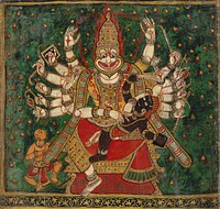 Narasimha killing Hiranyakashipu on his lap, as Prahlada watches at the left.