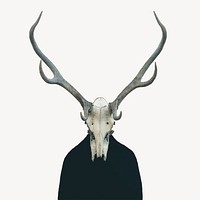 Deer skull collage element, animal skeleton design psd