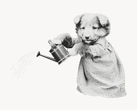 Dog with watering can, black & white photo