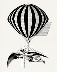 Aerialist wearing wings strapped to his shoulders and feet while suspended from a balloon (1870). Original from the Library of Congress. Digitally enhanced by rawpixel.