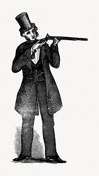 Vintage man with shotgun, black and white illustration