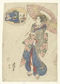 Courtisane in de regen (1820-1830 ) print in high resolution by Keisai Eisen. Original from The Rijksmuseum. 