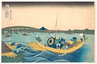 Hokusai's Viewing the Sunset over Ryōgoku Bridge from the Onmaya Embankment (Onmayagashi yori Ryōgokubashi sekiyō o miru), from the series Thirty-six Views of Mount Fuji (Fugaku sanjūrokkei) (1830). Original public domain image from the MET museum.