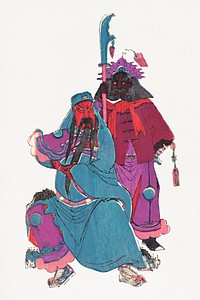 Wu Ti, or Kuan Ti, Chinese war god, and his squire Chou-tsang (1928). Original public domain image from the Library of Congress.   Digitally enhanced by rawpixel.