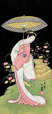 Japanese woman with umbrella (1725-1794) vintage woodblock print by Ippitsusai Bunchō. Original public domain image from the Library of Congress.    Digitally enhanced by rawpixel.