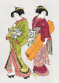 Japanese geisha (1739-1820) vintage woodblock print by Kitao Shigemasa. Original public domain image from the Library of Congress.    Digitally enhanced by rawpixel.