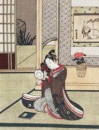 Japanese man practicing on a tsuzumi (1725-1770) vintage woodblock print by Suzuki Harunobu. Original public domain image from the Library of Congress.    Digitally enhanced by rawpixel.