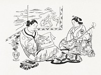 Japanese women (1704-1706) vintage woodblock print by Okumura Masanobu. Original public domain image from The Minneapolis Institute of Art.    Digitally enhanced by rawpixel.