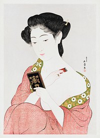 Japanese woman applying powder (1918) vintage woodblock print by Hashiguchi Goyô. Original public domain image from the Rijksmuseum.     Digitally enhanced by rawpixel.