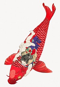 Boy riding Japanese Koi fish.   Remastered by rawpixel. 