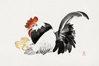 Japanese rooster and chicks (1615-1868) vintage woodblock print by Shibata Zeshin. Original public domain image from The Cleveland Museum of Art.   Digitally enhanced by rawpixel.