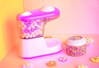 Kids toy aesthetic background, sprinkles bowl, blender