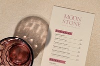 Beige cafe menu mockup psd, flat lay design with glass