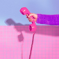 Hand holding pink retro phone, colorful design