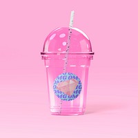 Plastic cup sticker mockup, pink design psd