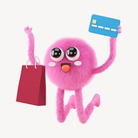 Cute monster shopping collage element, 3D rendering psd