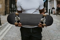 Black skateboard, sport equipment with blank space