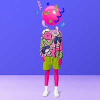 Ball-headed man in pink hoodie, cute fashion remix photo