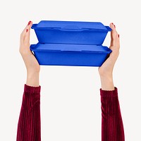 Hands holding food containers, take-away packaging  psd