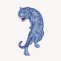 Roaring tiger, blue vintage animal illustration psd