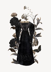 Vintage dress, dark botanical remix collage element