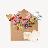 Flower envelope, botanical illustration collage element psd