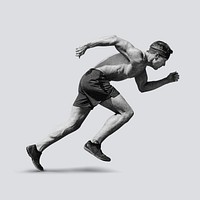 Male runner collage element, athlete black and white psd