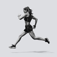 Female runner collage element, athlete black and white psd