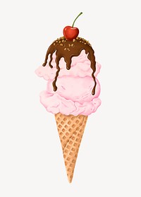 Strawberry ice-cream cone, Summer dessert illustration vector