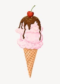 Strawberry ice-cream cone, Summer dessert illustration psd
