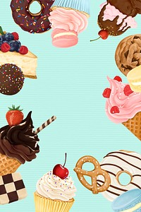 Aesthetic desserts frame background, blue colorful design psd