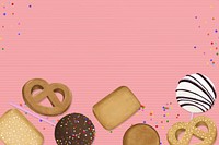 Pink sprinkles background, biscuits border illustration vector