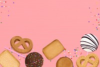 Pink sprinkles background, biscuits border illustration psd