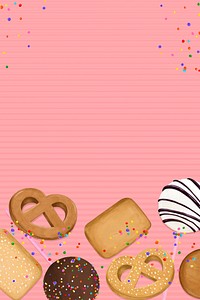 Pink sprinkles background, biscuits border illustration vector