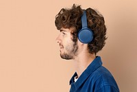 Man with blue headphones on