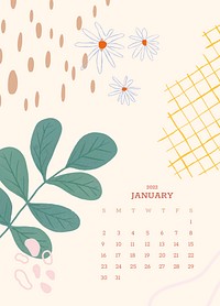 Botanical Memphis January monthly calendar editable psd template